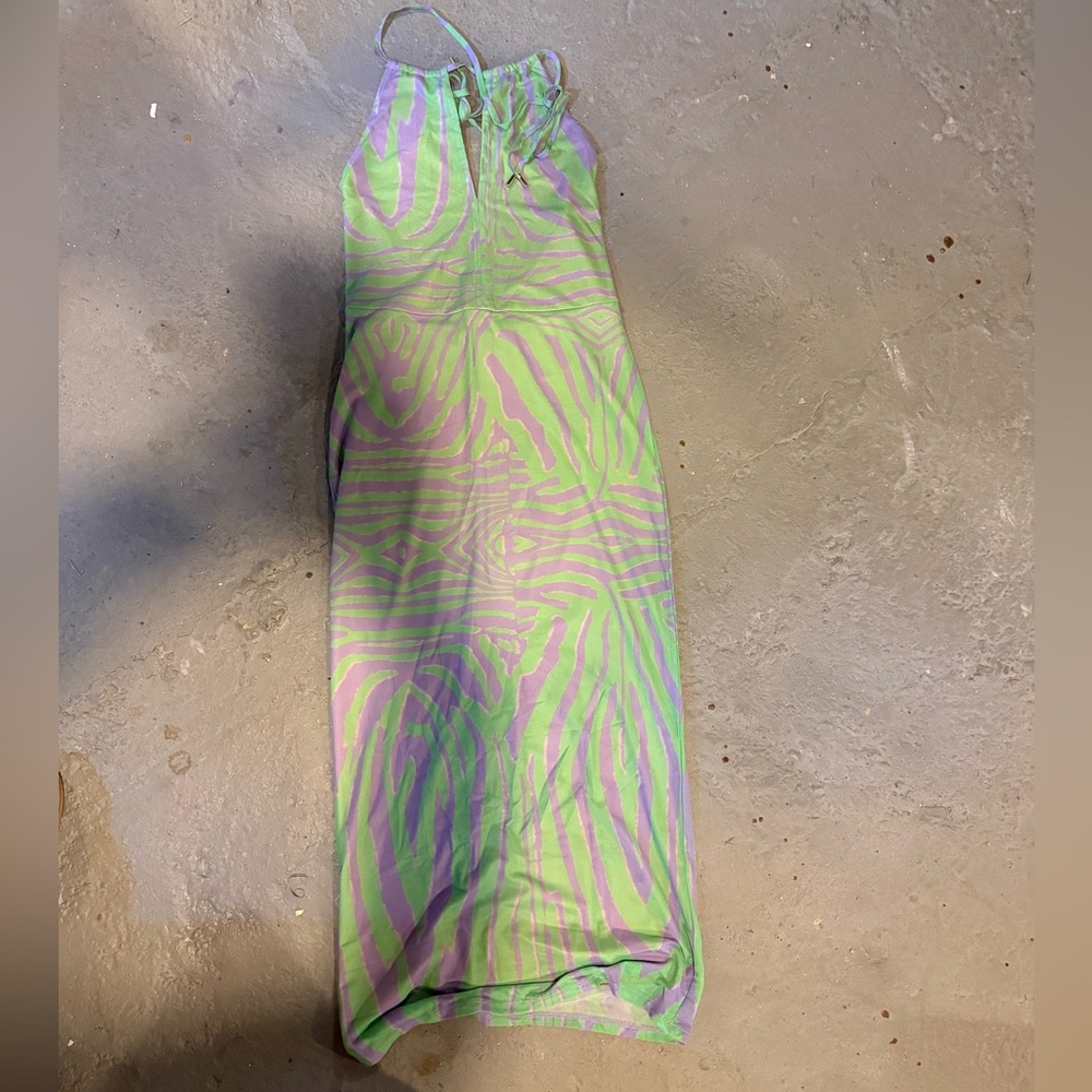 AFRM Lime Green and Lavender Zebra Print Slip Dress